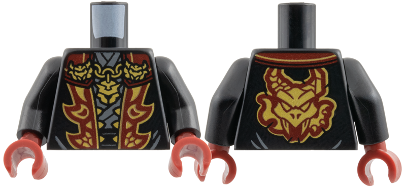 Torso Robe with Dark Red Lapels, Gold Pendant, Brooches, and Trim, Dragon on Back Pattern / Black Arms / Dark Red Hands