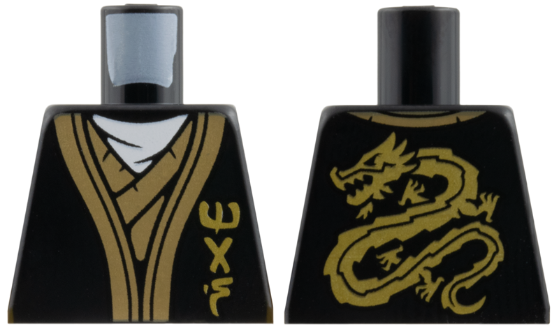 Torso Tunic, White Scarf, Dark Tan Hems, Gold NInjago Logogram 'MAS', Dragon on Back Pattern