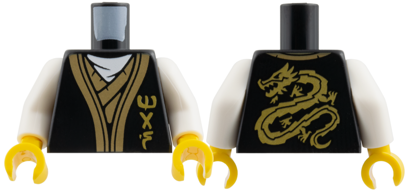 Torso Tunic, White Scarf, Dark Tan Hems, Gold NInjago Logogram 'MAS', Dragon on Back Pattern / White Arms / Yellow Hands