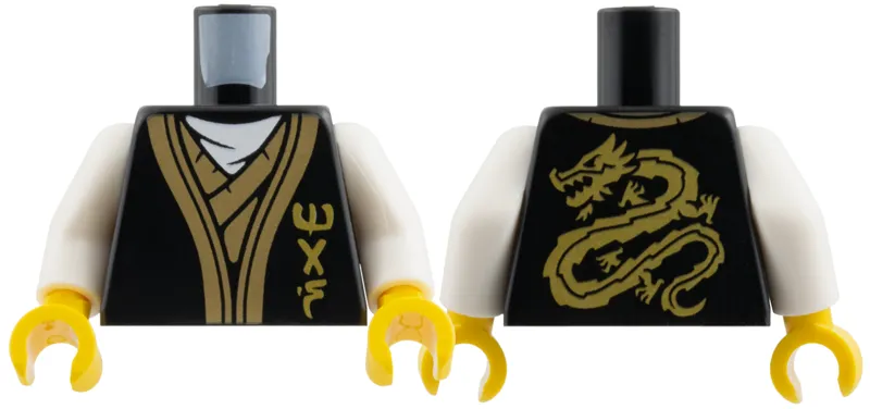 Torso Tunic, White Scarf, Dark Tan Hems, Gold NInjago Logogram 'MAS', Dragon on Back Pattern / White Arms / Yellow Hands