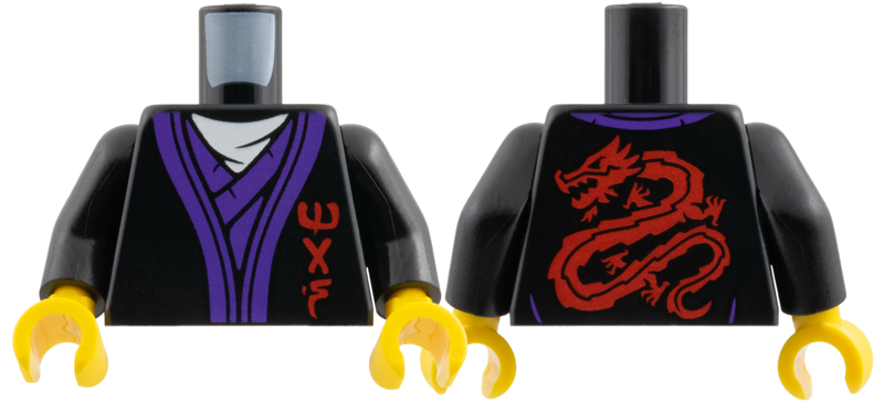 Torso Tunic, White Scarf, Dark Purple Hems, Red Ninjago Logogram 'MAS' and Dragon on Back Pattern / Black Arms / Yellow Hands