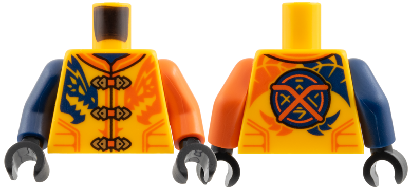 Torso Tang, Gold Clasps, Dark Blue and Reddish Orange Dragons, Ninjago Logogram 'Arin' on Back Pattern / Reddish Orange Arm Left / Dark Blue Arm Right / Black Hands
