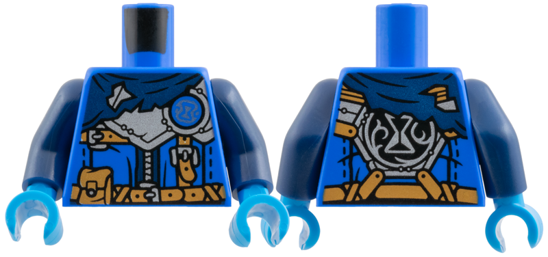 Torso Dark Blue Tattered Scarf, Silver Armor, Buckles, and Zipper, Metallic Light Blue Hourglass, Medium Nougat Belts and Pouch Pattern / Dark Blue Arms / Dark Azure Hands