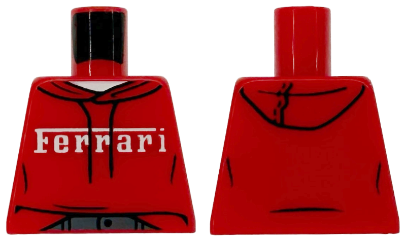 Torso Hoodie with Black Drawstrings and Stitching, White Ferrari Logo and Undershirt, Dark Bluish Gray Pants Pattern