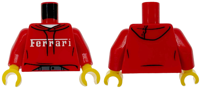 Torso Hoodie with Black Drawstrings and Stitching, White Ferrari Logo and Undershirt, Dark Bluish Gray Pants Pattern / Red Arms / Yellow Hands