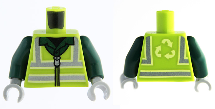 Torso Safety Vest with Zipper and Reflective Stripes over Dark Green Shirt, Recycling Arrows on Back Pattern / Dark Green Arms / Light Bluish Gray Hands