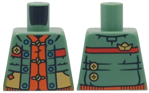 Torso Sweater with Bright Light Blue Buttons, Red Stripe, Gold Pockets and Pins over Reddish Orange Tang Jacket Pattern