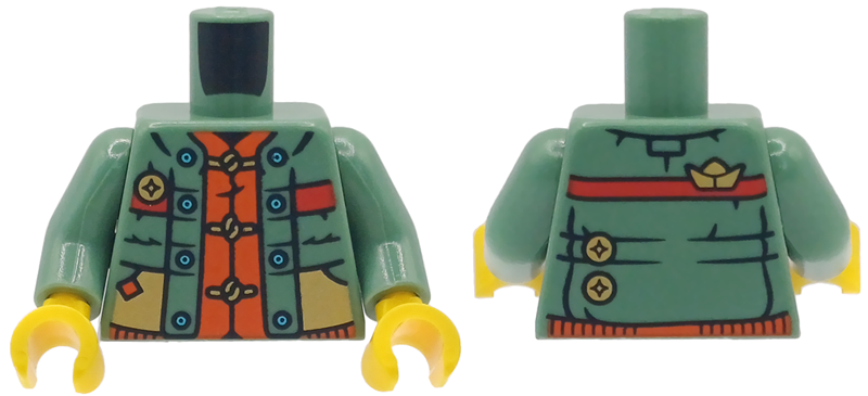 Torso Sweater with Bright Light Blue Buttons, Red Stripe, Gold Pockets and Pins over Reddish Orange Tang Jacket Pattern / Sand Green Arms / Yellow Hands