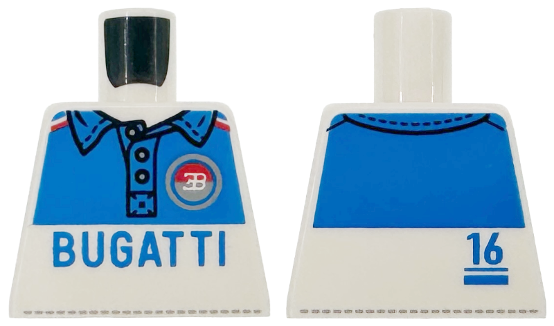 Torso Shirt with Buttons, Blue Collar and Panels, Black and Dark Bluish Gray Stitching, Red and Silver Bugatti Logo and '16' Pattern