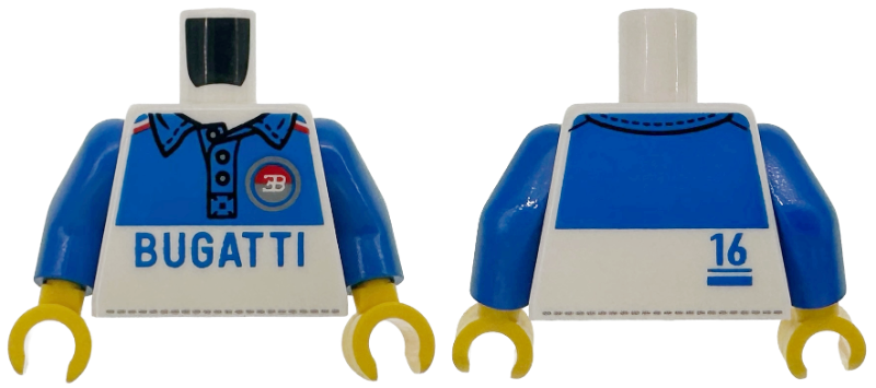 Torso Shirt with Buttons, Blue Collar and Panels, Black and Dark Bluish Gray Stitching, Red and Silver Bugatti Logo and '16' Pattern / Blue Arms / Yellow Hands