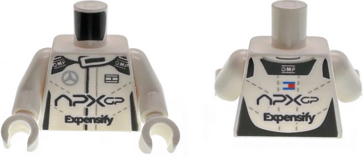 Torso Racing Suit with Black Sides, 'APXGP', 'Expensify', 'OMP', Silver Mercedes-Benz, Blue and Red Tommy Hilfiger Logos and Light Bluish Gray Stitching Pattern / White Arms / White Hands