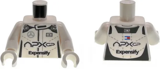 Torso Racing Suit with Black Sides, 'APXGP', 'Expensify', 'OMP', Silver Mercedes-Benz, Blue and Red Tommy Hilfiger Logos and Light Bluish Gray Stitching Pattern / White Arms / White Hands