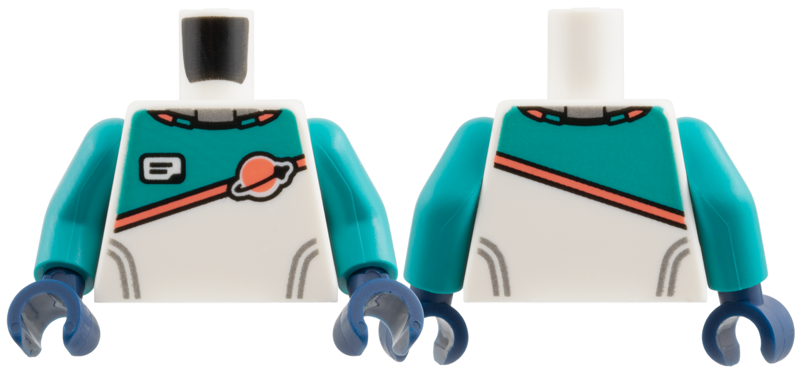 Torso Spacesuit with Dark Turquoise Panel, Coral Stripe and Classic Space Logo, Black Stripe, Silver Lines Pattern / Dark Turquoise Arms / Dark Blue Hands