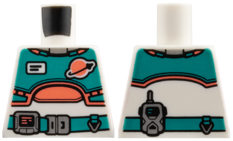Torso Spacesuit with Dark Turquoise Vest and Belt, Coral Classic Space Logo and Trim, Silver Buckle and Gadget Pattern