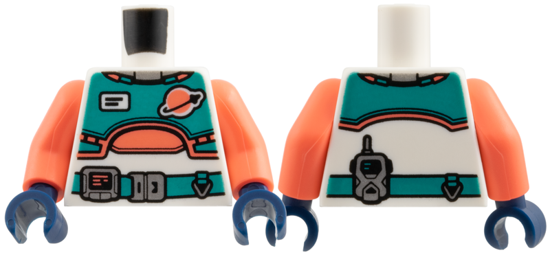 Torso Spacesuit with Dark Turquoise Vest and Belt, Coral Classic Space Logo and Trim, Silver Buckle and Gadget Pattern / Coral Arms / Dark Blue Hands