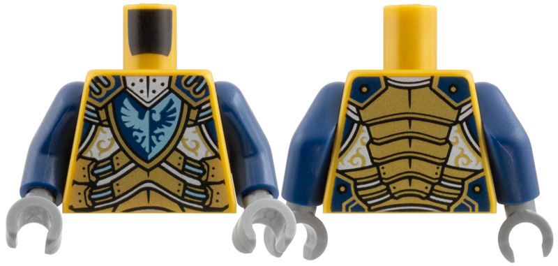 Torso Nexo Knights Armor with Silver and Metallic Light Blue Circuitry and Emblem with Dark Blue Falcon Pattern / Dark Blue Arms / Dark Bluish Gray Hands