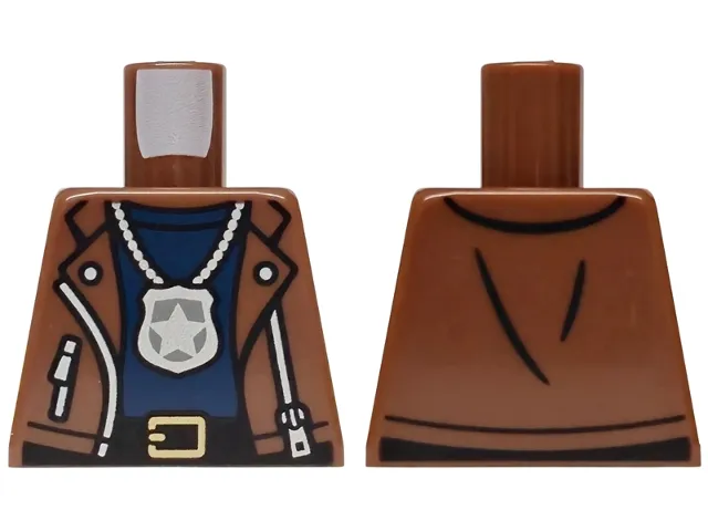 Torso Leather Jacket Open with Pockets and Silver Zippers, Black Belt with Gold Buckle, Dark Blue Shirt, Police Star Badge Logo on Chain Pattern