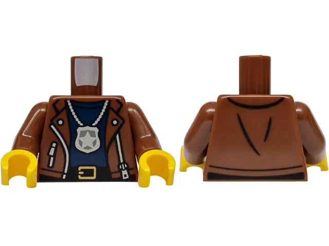 Torso Leather Jacket Open with Pockets and Silver Zippers, Black Belt with Gold Buckle, Dark Blue Shirt, Police Star Badge Logo on Chain Pattern / Reddish Brown Arms / Yellow Hands