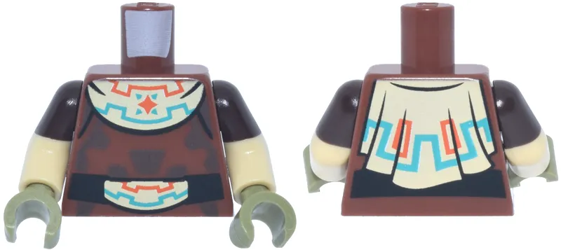 Torso Tunic with Black Belt and Tan Cloth with Dark Turquoise and Reddish Orange Geometric Lines Pattern / Tan Arms with Molded Dark Brown Short Sleeves Pattern / Olive Green Hands