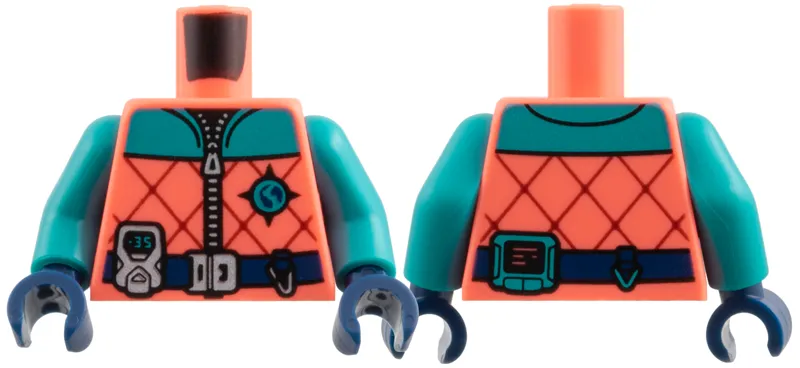 Torso Jacket, Dark Turquoise Shoulders, Arctic Explorer Logo, Dark Red Diagonal Lines, Dark Blue Belt with Silver Buckle and Gadget Pattern / Dark Turquoise Arms / Dark Blue Hands