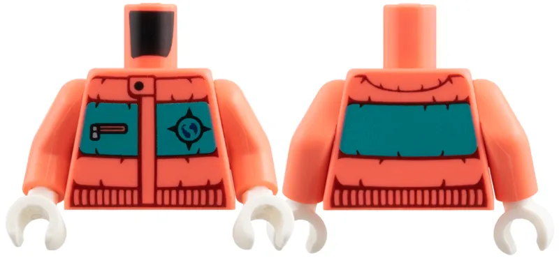 Torso Jacket, Dark Turquoise Panel, Dark Red Seams and Gathers, Arctic Explorers Logo Pattern / Coral Arms / White Hands