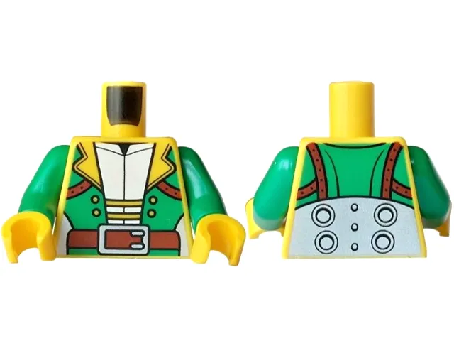 Torso Green Jacket over White Shirt, Dark Orange Straps and Belt with Silver Armor Plate and Buckle Pattern / Green Arms / Yellow Hands