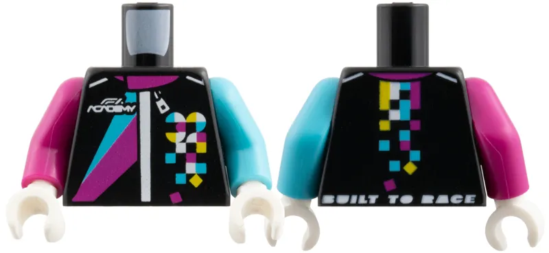 Torso Jumpsuit Magenta and Medium Azure Stripes, White 'F1 Academy and Zipper', Squares and Quarter Circles Pattern / Medium Azure Arm Left / Magenta Arm Right / White Hands