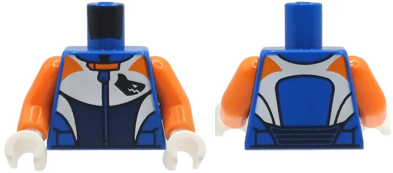 Torso Racing Suit with Zipper, White, Orange and Dark Blue Panels, Black Shark Head Logo Pattern / Orange Arms / White Hands