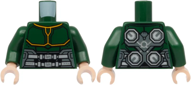Torso Armor with Bright Light Orange Trim, Black, Dark Bluish Gray, and Silver Belt, Octagons on Back Pattern / Dark Green Arms / Light Nougat Hands