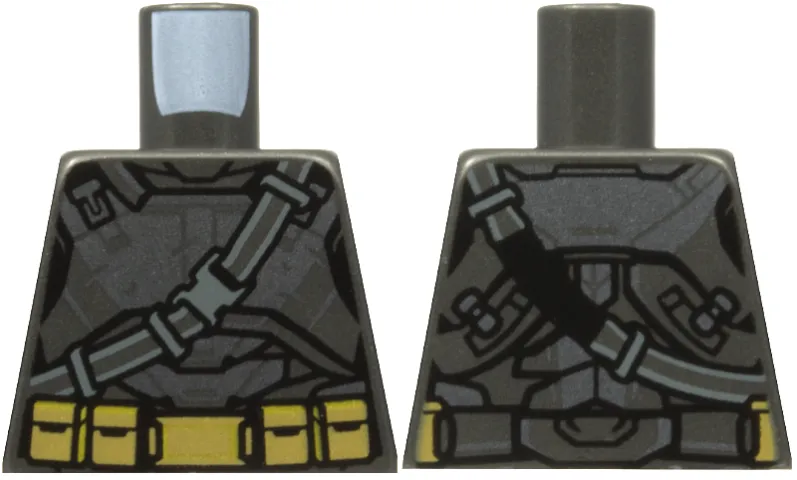 Torso Dark Silver Armor, Diagonal Belt with Dark Bluish Gray Buckle, Dark Tan and Gold Belt with Pouches Pattern