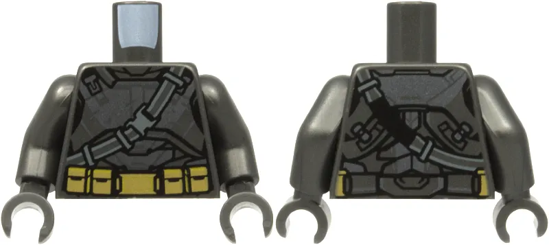 Torso Dark Silver Armor, Diagonal Belt with Dark Bluish Gray Buckle, Dark Tan and Gold Belt with Pouches Pattern / Pearl Dark Gray Arms / Pearl Dark Gray Hands