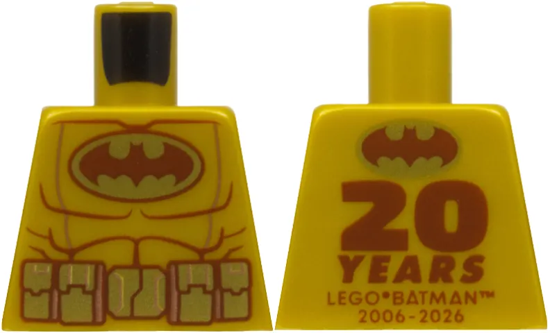 Torso Batman Suit with Dark Brown Bat in Gold Oval Logo, Utility Belt with Pouches, Muscles Outline, '20 YEARS LEGO BATMAN 2006 - 2026' on Back Pattern