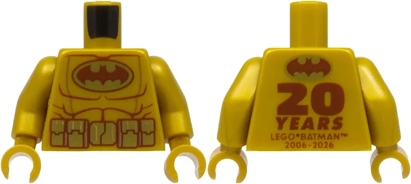 Torso Batman Suit with Dark Brown Bat in Gold Oval Logo, Utility Belt with Pouches, Muscles Outline, '20 YEARS LEGO BATMAN 2006 - 2026' on Back Pattern / Pearl Gold Arms / Pearl Gold Hands