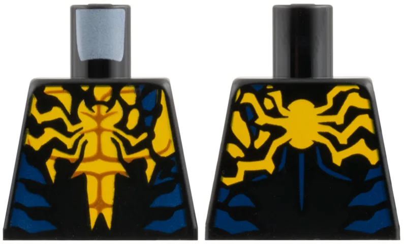 Torso Wolverine Yellow Shirt with Reddish Brown Muscle Contours, Dark Blue Side Panels, Black Symbiote Covering, Spider Shape Relief Pattern