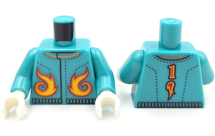 Torso Jacket with Black Stitching, Yellow, Orange and Red Flames, Number 1 on Back Pattern (BAM) / Dark Turquoise Arms / White Hands