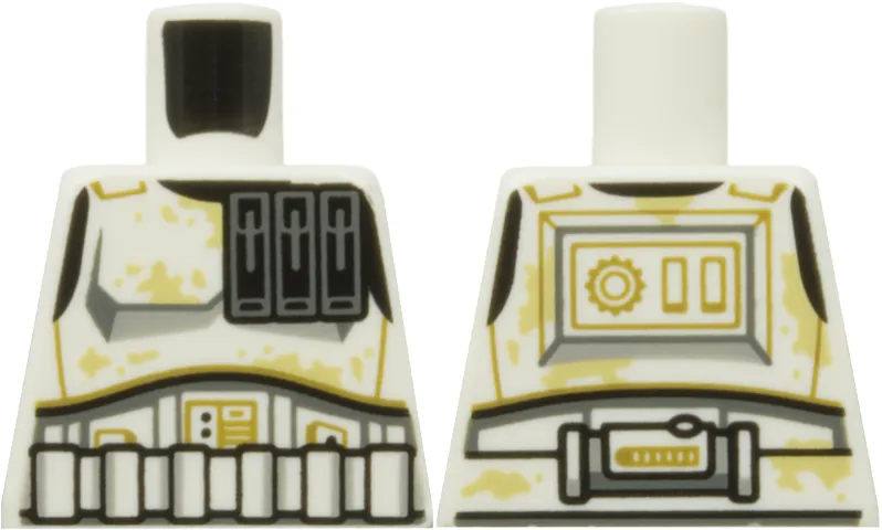 Torso SW Armor Stormtrooper with Black Ammo Pouch, Dark Tan Lines, Dark Bluish Gray and Light Bluish Gray Markings, Tan Dirt Stains Pattern