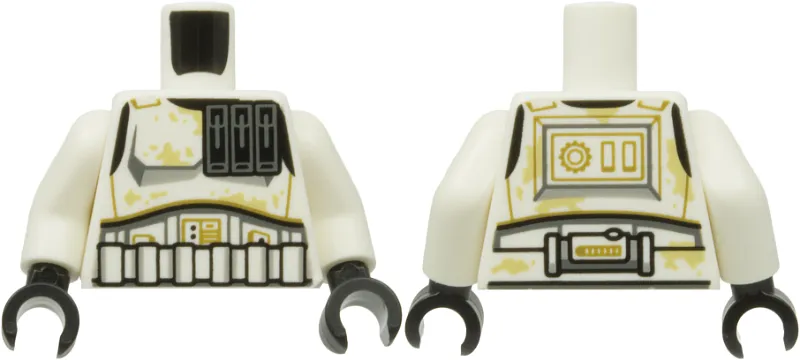 Torso SW Armor Stormtrooper with Black Ammo Pouch, Dark Tan Lines, Dark Bluish Gray and Light Bluish Gray Markings, Tan Dirt Stains Pattern / White Arms / Black Hands