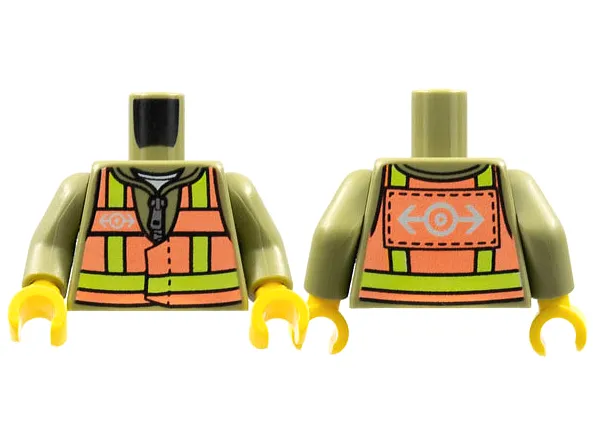 Torso Jacket with Silver Zipper, Neon Red Safety Vest with Neon Green Reflective Stripes and White Train Logo Pattern / Olive Green Arms / Yellow Hands