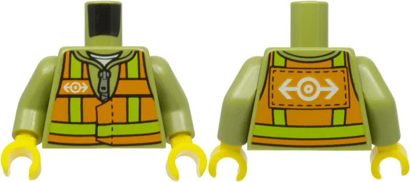 Torso Jacket with Silver Zipper, Orange Safety Vest with Lime Reflective Stripes and White Train Logo Pattern / Olive Green Arms / Yellow Hands