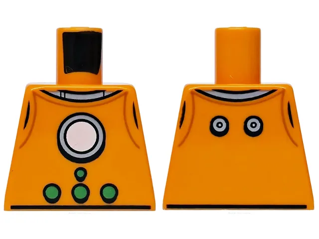 Torso Spacesuit with White Circle in Silver Ring, Bright Green Buttons, Dark Orange Lines Pattern