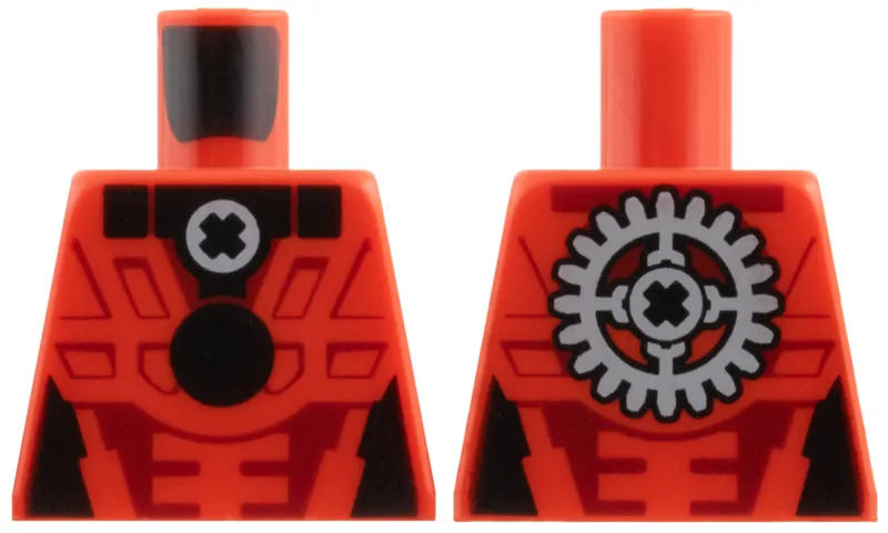 Torso Black Collar, Circle, X in Light Bluish Gray Circle, Dark Red Panel Lines, Gear on Back Pattern