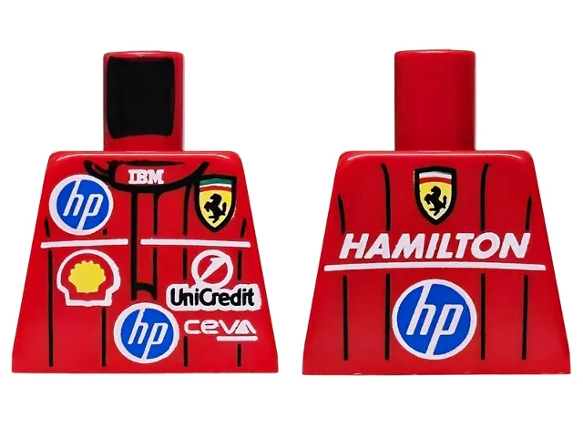 Torso Racing Suit with Black Lines, CEVA, Ferrari, HP, IBM, Shell and UniCredit Logos, White 'HAMILTON' on Back Pattern