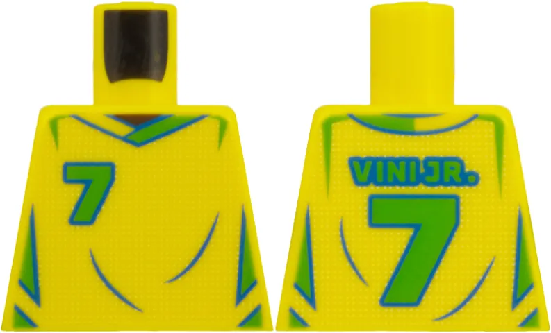 Torso Soccer / Football Jersey Brazil, Mesh, Bright Green and Blue Trim, Number 7 and 'VINI JR.' Pattern