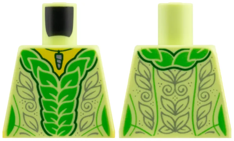 Torso Female, Yellow Neck, Silver Pendant, Bright Green Leaves, Silver Filigree Pattern