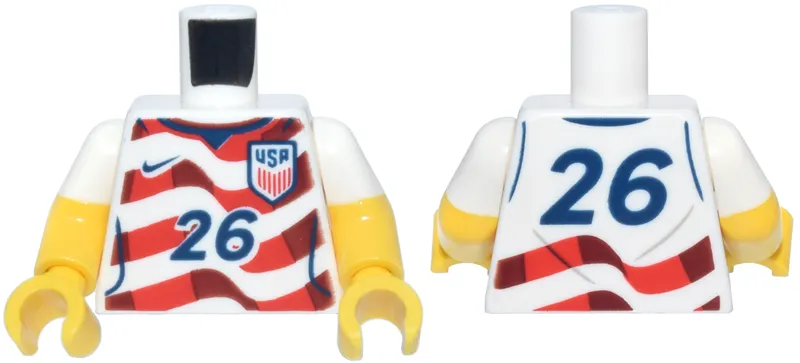Torso Soccer / Football Jersey, Red and Dark Red Wavy Stripes, Dark Blue Number 26 and USA Badge Pattern / Yellow Arms with Molded White Short Sleeves / Yellow Hands