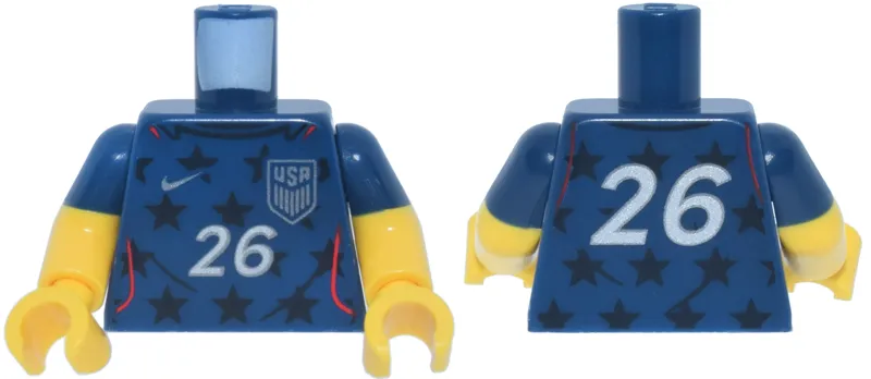 Torso Soccer / Football Jersey, Black Stars and Red Trim, White Number 26 and Silver USA Badge Pattern / Yellow Arms with Dark Blue Molded Short Sleeves / Yellow Hands