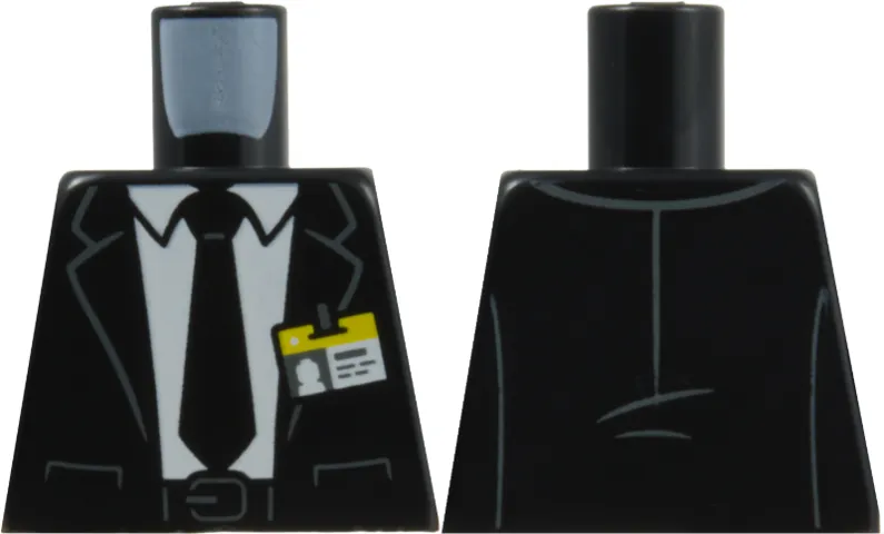 Torso Suit Jacket Open over White Shirt with Tie, Belt with Buckle, ID Badge with Yellow Top and Dark Bluish Gray Clip and Creases Pattern
