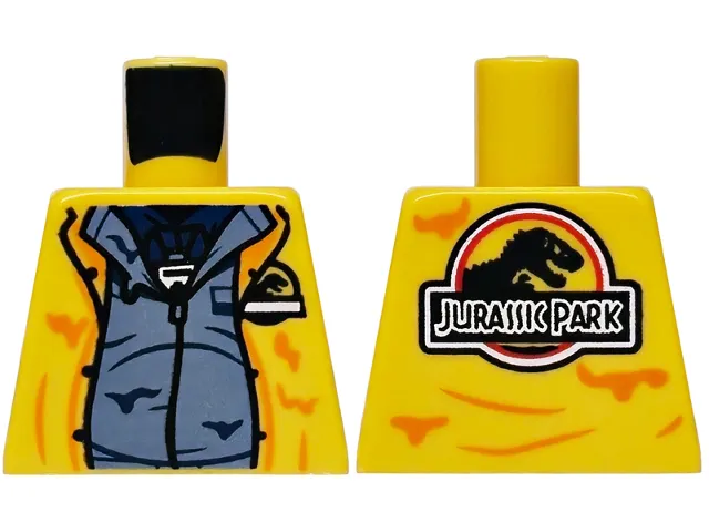 Torso Vest Open with Orange Marks and Creases over Sand Blue Shirt and Dark Blue Undershirt, ID Badge, Jurassic Park Logo Pattern