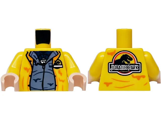 Torso Vest Open with Orange Marks and Creases over Sand Blue Shirt and Dark Blue Undershirt, ID Badge, Jurassic Park Logo Pattern / Yellow Arms / Light Nougat Hands