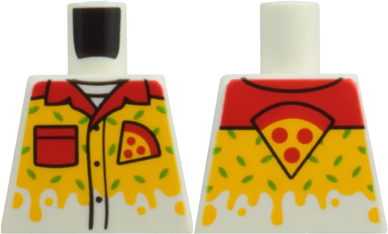 Torso Shirt with Red Collar and Pocket, Black Buttons, Pepperoni Pizza Slice, Bright Light Orange Cheese Drips, and Bright Green Marks Pattern